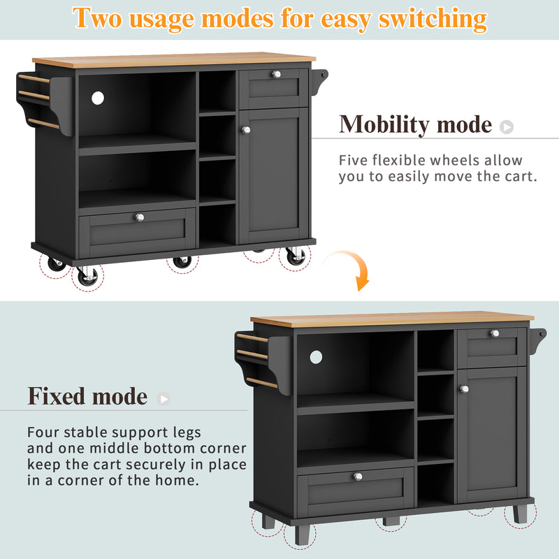 Desserte de Cuisine Mobile Noire avec Plateau Effet Bois, Rangement Multifonctionnel et Double Mode d&