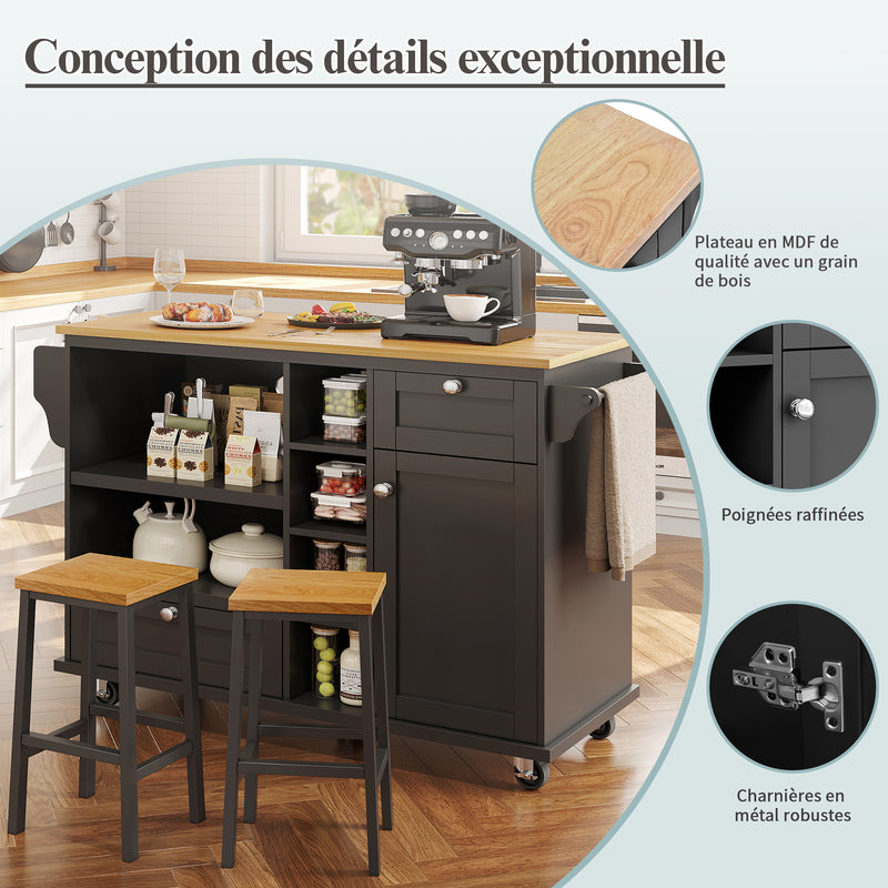 Desserte de Cuisine Mobile Noire avec Plateau Effet Bois, Rangement Multifonctionnel et Double Mode d&