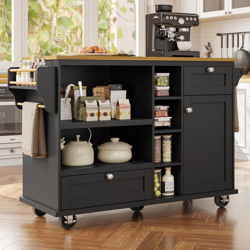 Desserte de Cuisine Mobile Noire avec Plateau Effet Bois, Rangement Multifonctionnel et Double Mode d&