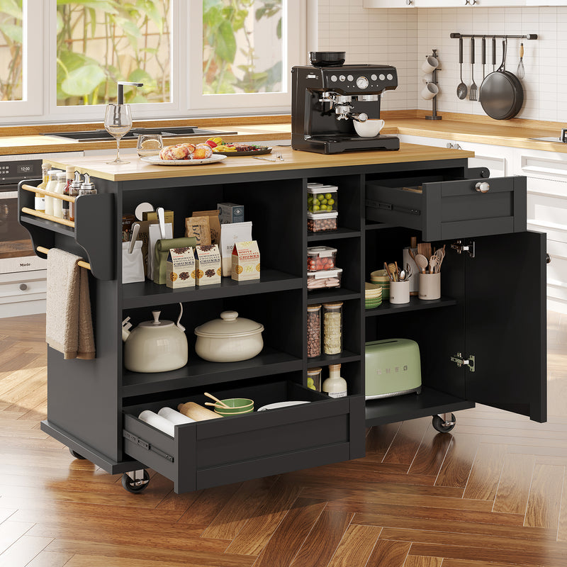 Desserte de Cuisine Mobile Noire avec Plateau Effet Bois, Rangement Multifonctionnel et Double Mode d&