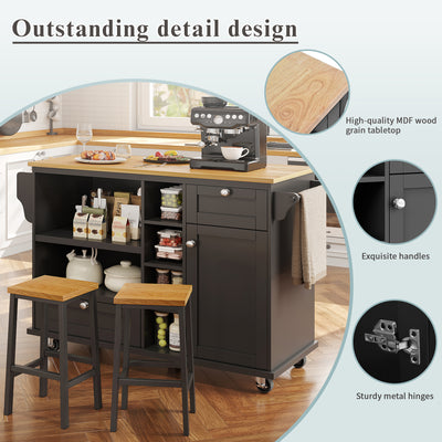 Desserte de Cuisine Mobile Noire avec Plateau Effet Bois, Rangement Multifonctionnel et Double Mode d'Utilisation DRIQATS