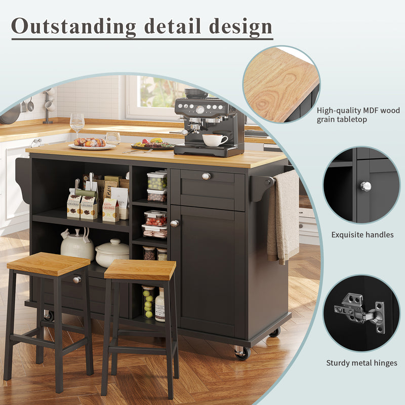 Desserte de Cuisine Mobile Noire avec Plateau Effet Bois, Rangement Multifonctionnel et Double Mode d&