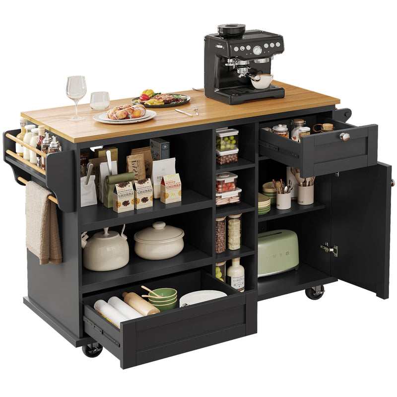 Desserte de Cuisine Mobile Noire avec Plateau Effet Bois, Rangement Multifonctionnel et Double Mode d&