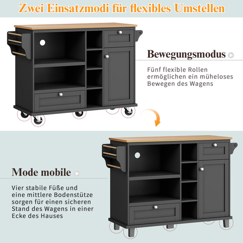 Desserte de Cuisine Mobile Noire avec Plateau Effet Bois, Rangement Multifonctionnel et Double Mode d&