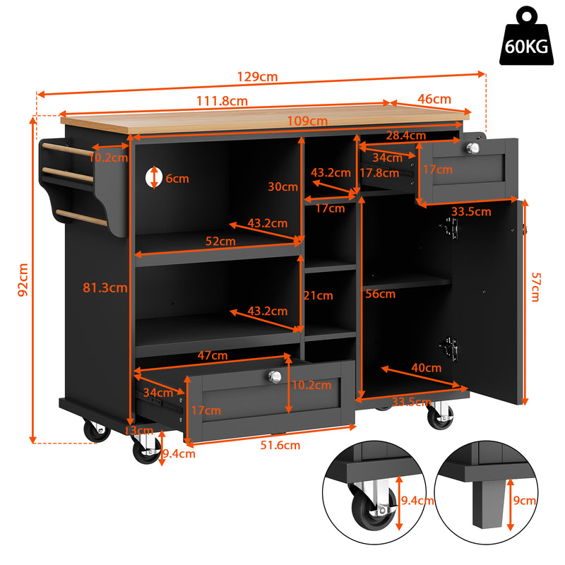 Desserte de Cuisine Mobile Noire avec Plateau Effet Bois, Rangement Multifonctionnel et Double Mode d&
