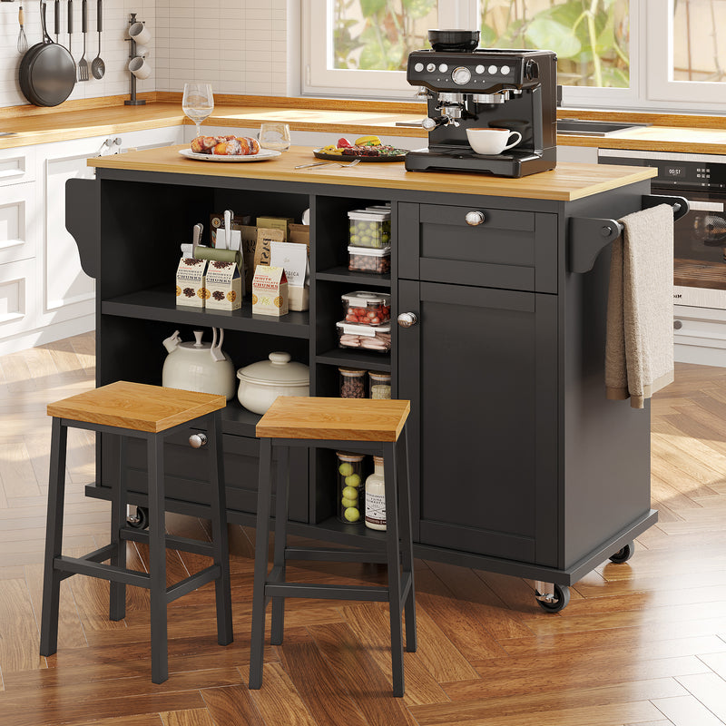 Desserte de Cuisine Mobile Noire avec Plateau Effet Bois, Rangement Multifonctionnel et Double Mode d&