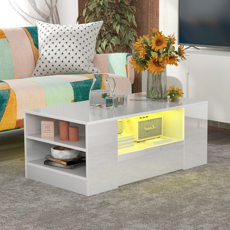 Table Basse Blanche Brillante Moderne avec 2 Tiroirs, 2 Étagères et Éclairage LED USB DUZOITH