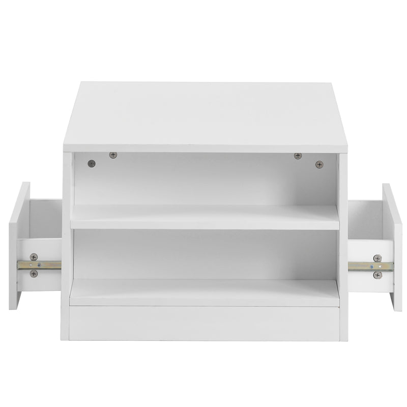 Table Basse Blanche Brillante Moderne avec 2 Tiroirs, 2 Étagères et Éclairage LED USB DUZOITH
