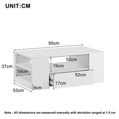 Table Basse Blanche Brillante Moderne avec 2 Tiroirs, 2 Étagères et Éclairage LED USB DUZOITH