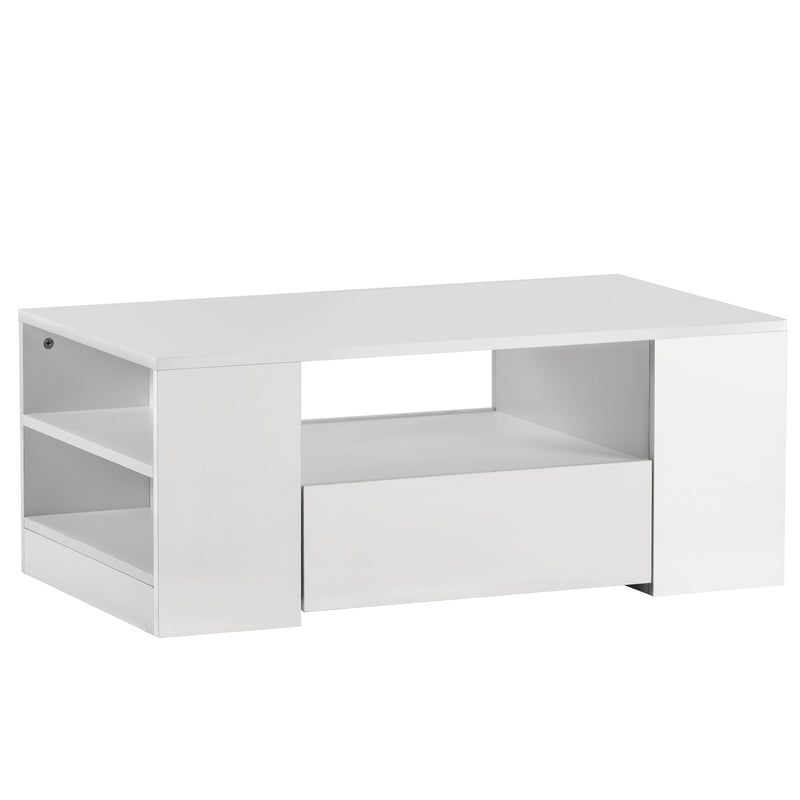 Table Basse Blanche Brillante Moderne avec 2 Tiroirs, 2 Étagères et Éclairage LED USB DUZOITH