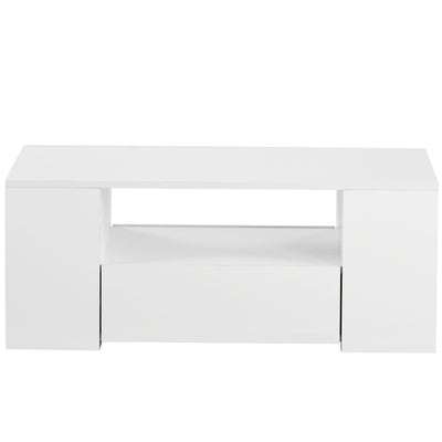 Table Basse Blanche Brillante Moderne avec 2 Tiroirs, 2 Étagères et Éclairage LED USB DUZOITH