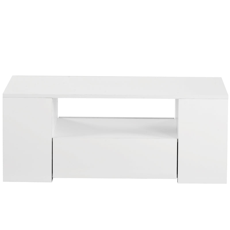 Table Basse Blanche Brillante Moderne avec 2 Tiroirs, 2 Étagères et Éclairage LED USB DUZOITH