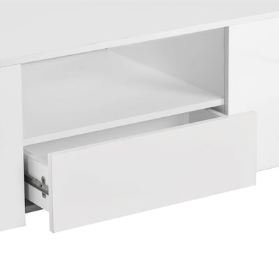 Table Basse Blanche Brillante Moderne avec 2 Tiroirs, 2 Étagères et Éclairage LED USB DUZOITH