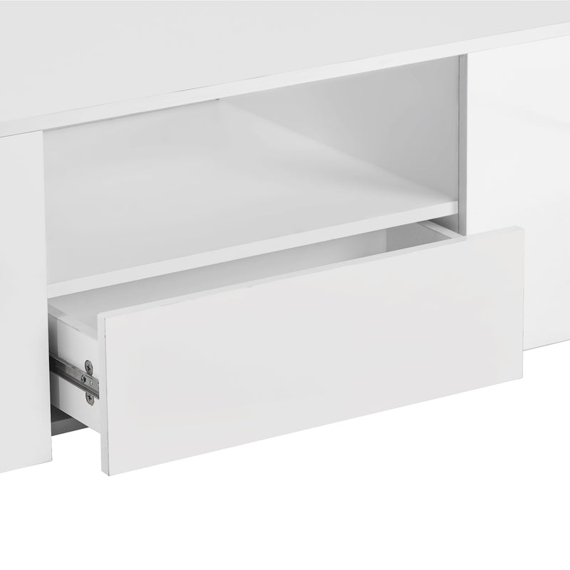 Table Basse Blanche Brillante Moderne avec 2 Tiroirs, 2 Étagères et Éclairage LED USB DUZOITH