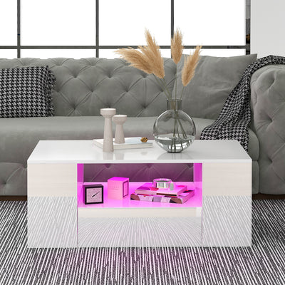 Table Basse Blanche Brillante Moderne avec 2 Tiroirs, 2 Étagères et Éclairage LED USB DUZOITH