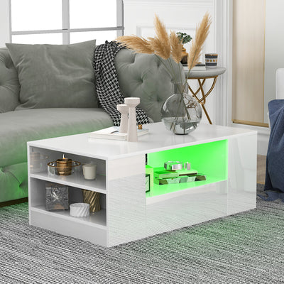 Table Basse Blanche Brillante Moderne avec 2 Tiroirs, 2 Étagères et Éclairage LED USB DUZOITH