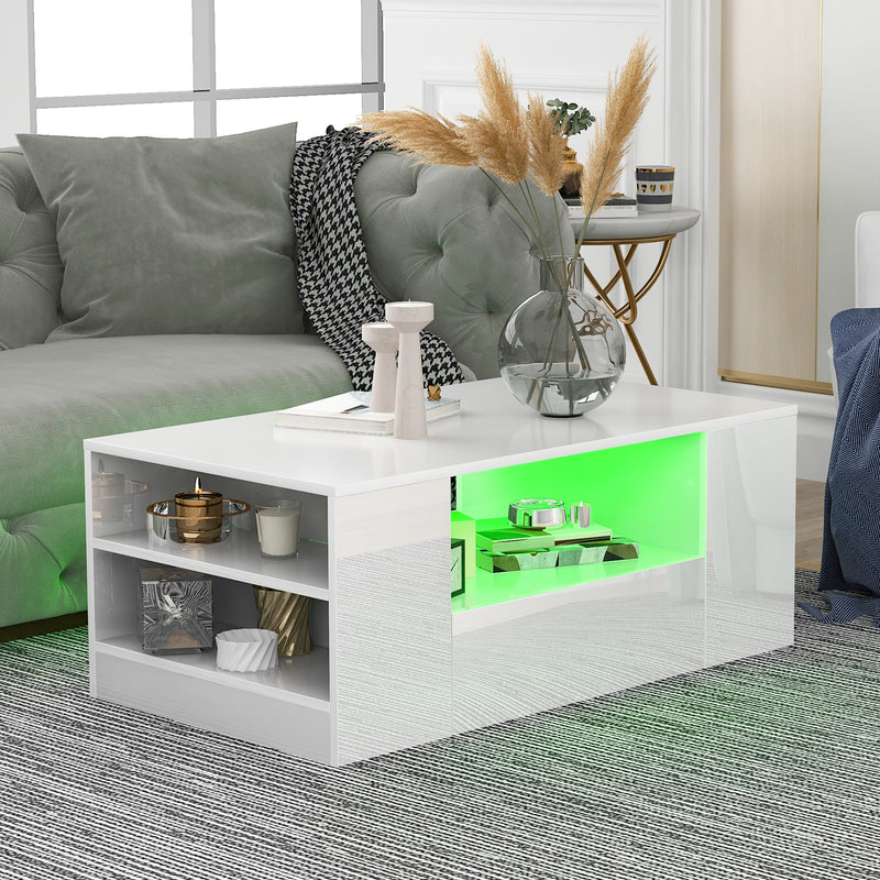 Table Basse Blanche Brillante Moderne avec 2 Tiroirs, 2 Étagères et Éclairage LED USB DUZOITH