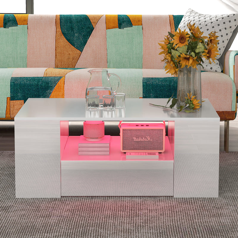 Table Basse Blanche Brillante Moderne avec 2 Tiroirs, 2 Étagères et Éclairage LED USB DUZOITH