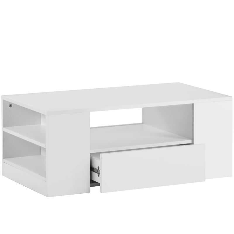 Table Basse Blanche Brillante Moderne avec 2 Tiroirs, 2 Étagères et Éclairage LED USB DUZOITH