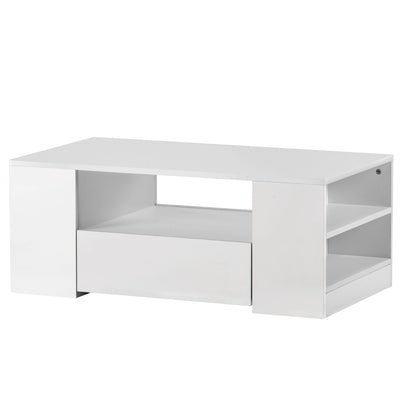 Table Basse Blanche Brillante Moderne avec 2 Tiroirs, 2 Étagères et Éclairage LED USB DUZOITH
