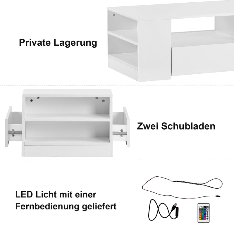 Table Basse Blanche Brillante Moderne avec 2 Tiroirs, 2 Étagères et Éclairage LED USB DUZOITH