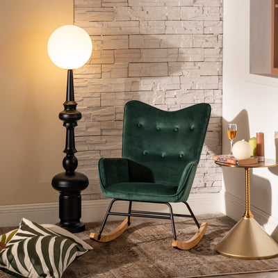 Scandinavian rocking chair in green velvet with light wooden legs EPPING SMALL VELVET GREEN