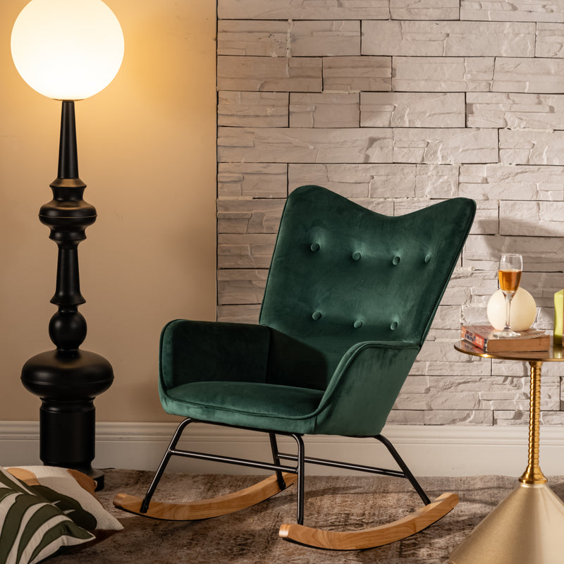 Scandinavian rocking chair in green velvet with light wooden legs EPPING SMALL VELVET GREEN