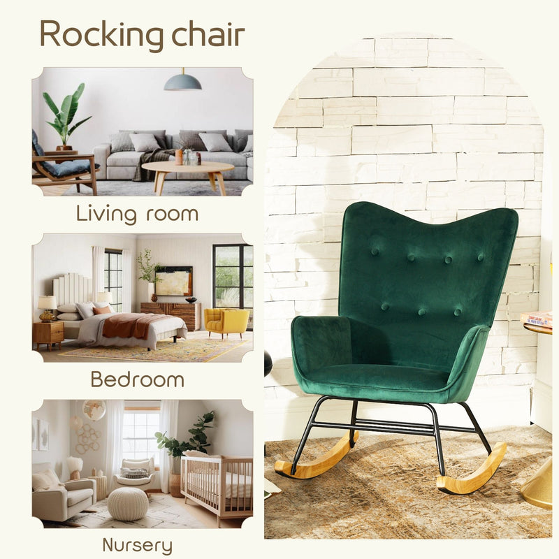 Scandinavian rocking chair in green velvet with light wooden legs EPPING SMALL VELVET GREEN