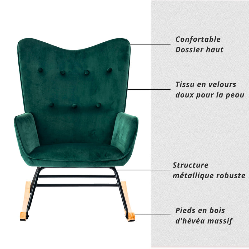 Scandinavian rocking chair in green velvet with light wooden legs EPPING SMALL VELVET GREEN