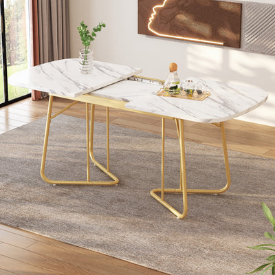 Table à Manger Extensible Effet Marbre Blanc avec Piétement Métallique Doré - Design Élégant et Moderne EDDAINS