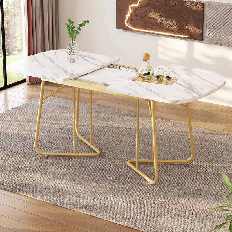 Table à Manger Extensible Effet Marbre Blanc avec Piétement Métallique Doré - Design Élégant et Moderne EDDAINS