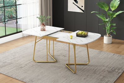 Table à Manger Extensible Effet Marbre Blanc avec Piétement Métallique Doré - Design Élégant et Moderne EDDAINS