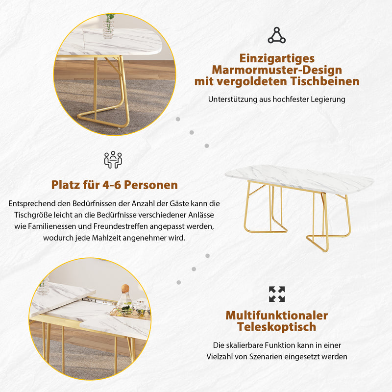 Table à Manger Extensible Effet Marbre Blanc avec Piétement Métallique Doré - Design Élégant et Moderne EDDAINS