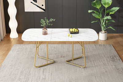 Table à Manger Extensible Effet Marbre Blanc avec Piétement Métallique Doré - Design Élégant et Moderne EDDAINS