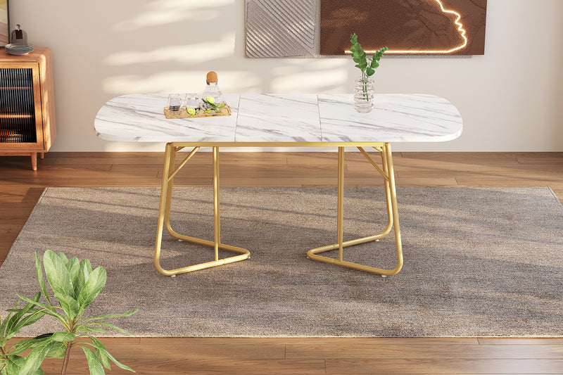 Table à Manger Extensible Effet Marbre Blanc avec Piétement Métallique Doré - Design Élégant et Moderne EDDAINS