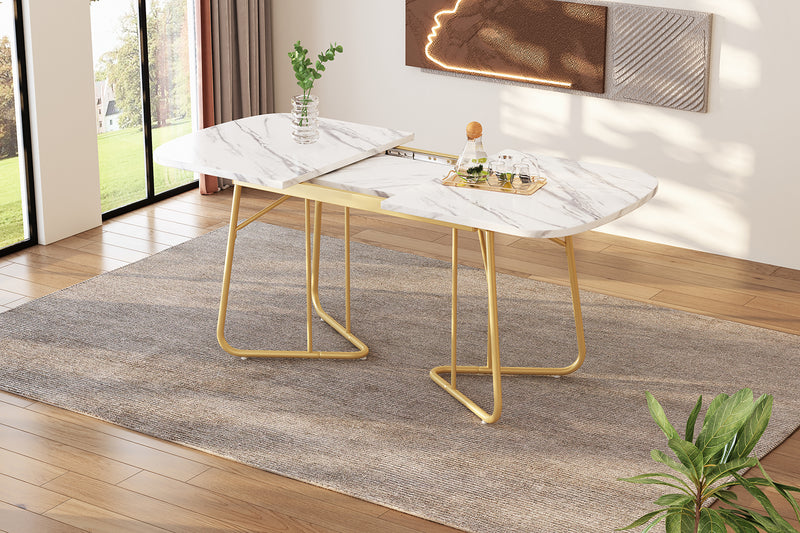 Table à Manger Extensible Effet Marbre Blanc avec Piétement Métallique Doré - Design Élégant et Moderne EDDAINS