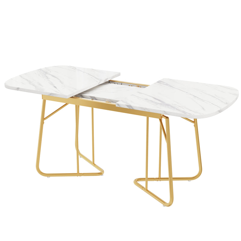 Table à Manger Extensible Effet Marbre Blanc avec Piétement Métallique Doré - Design Élégant et Moderne EDDAINS