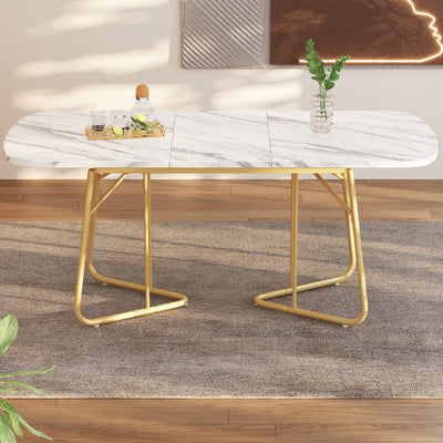 Table à Manger Extensible Effet Marbre Blanc avec Piétement Métallique Doré - Design Élégant et Moderne EDDAINS