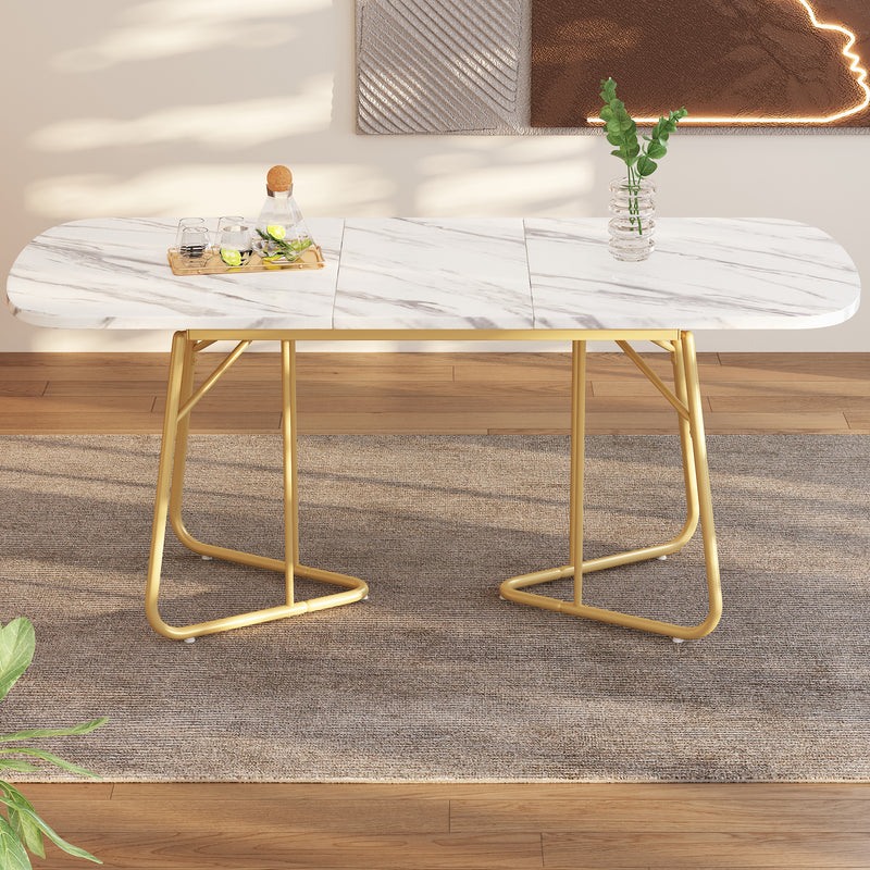 Table à Manger Extensible Effet Marbre Blanc avec Piétement Métallique Doré - Design Élégant et Moderne EDDAINS