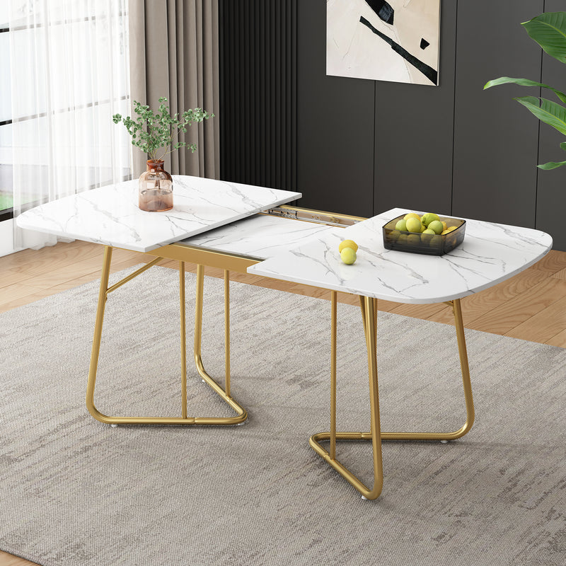 Table à Manger Extensible Effet Marbre Blanc avec Piétement Métallique Doré - Design Élégant et Moderne EDDAINS