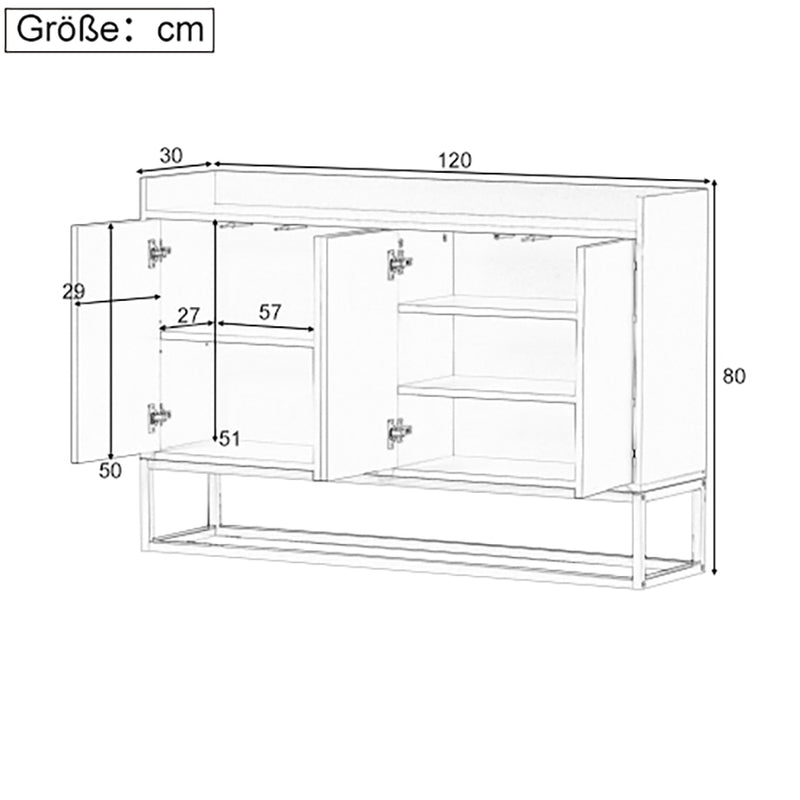 Buffet Sideboard Moderne Noir avec Cadre Métallique, Étagères Réglables et Système Push-to-Open (120x30x80cm)  EICERS BLACK