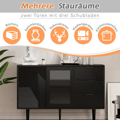 Buffet Noir Élégant avec Portes Vitrées, 3 Tiroirs et Rangement Spacieux – Pieds Métalliques Robustes EIHAIL