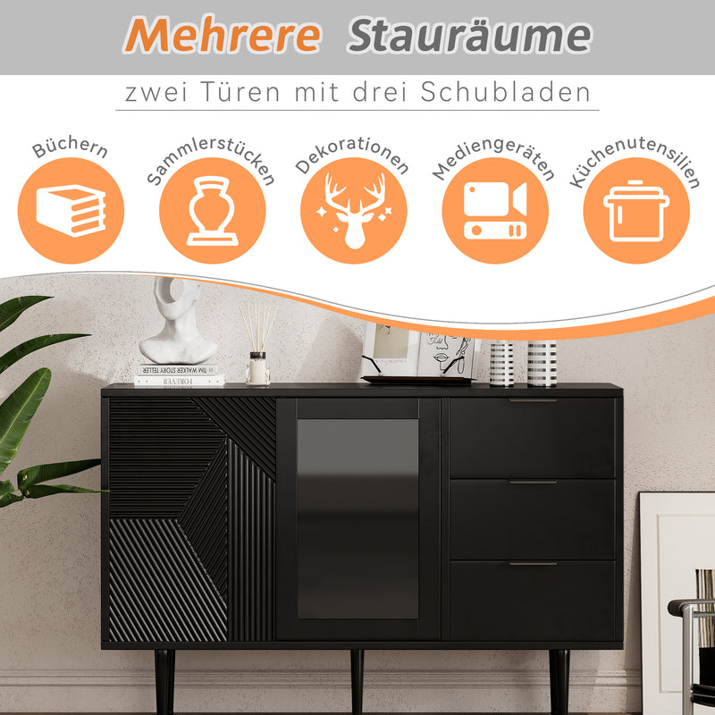 Buffet Noir Élégant avec Portes Vitrées, 3 Tiroirs et Rangement Spacieux – Pieds Métalliques Robustes EIHAIL