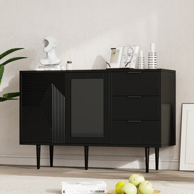 Buffet Noir Élégant avec Portes Vitrées, 3 Tiroirs et Rangement Spacieux – Pieds Métalliques Robustes EIHAIL