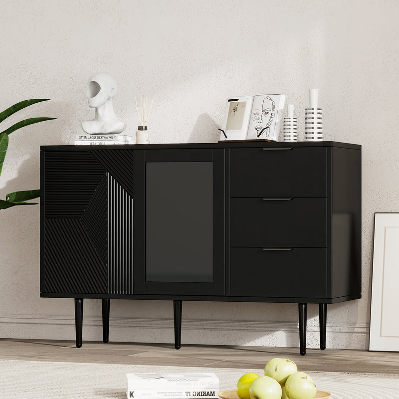 Buffet Noir Élégant avec Portes Vitrées, 3 Tiroirs et Rangement Spacieux – Pieds Métalliques Robustes EIHAIL