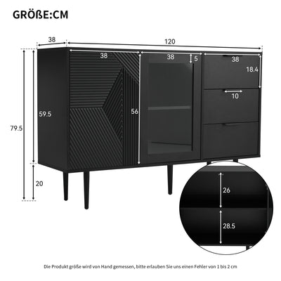 Buffet Noir Élégant avec Portes Vitrées, 3 Tiroirs et Rangement Spacieux – Pieds Métalliques Robustes EIHAIL
