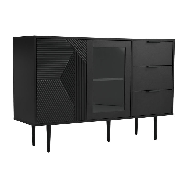 Buffet Noir Élégant avec Portes Vitrées, 3 Tiroirs et Rangement Spacieux – Pieds Métalliques Robustes EIHAIL