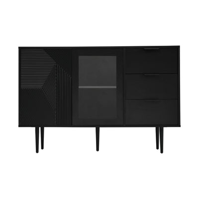 Buffet Noir Élégant avec Portes Vitrées, 3 Tiroirs et Rangement Spacieux – Pieds Métalliques Robustes EIHAIL