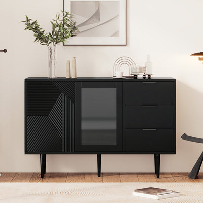 Buffet Noir Élégant avec Portes Vitrées, 3 Tiroirs et Rangement Spacieux – Pieds Métalliques Robustes EIHAIL