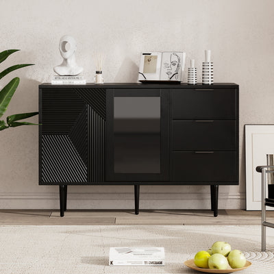 Buffet Noir Élégant avec Portes Vitrées, 3 Tiroirs et Rangement Spacieux – Pieds Métalliques Robustes EIHAIL